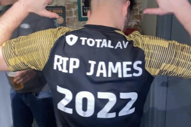 Charlie James, from Portchester, who’s childhood friend tragically took his own life has decided to do something drastic to ‘get the message across’ about men’s mental health. Pictured: A Portsmouth shirt James had made for his friend.