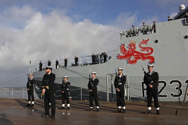 The Royal Navy has commissioned HMS Tamar into the fleet, making her ready for operations alongside her sisters in the Overseas Patrol Squadron.
Pictured are some of the ship's crew during the ceremony at Portsmouth Naval Base. Photo: Royal Navy