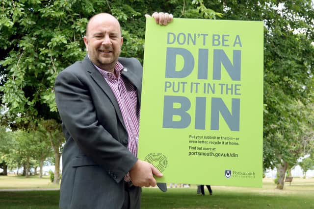 Portsmouth City Council is telling residents 'don't be a din, put it in the bin' after rubbish in the city's parks and open spaces doubled. 

Pictured is: Deputy council leader Cllr Steve Pitt.