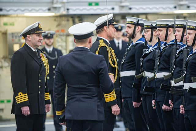 Pictured:  Fleet Commander, Vice Admiral Andrew Burns talking to the crew of HMS Prince of Wales as the ship formally becomes a Nato flagship. 

Picture: Habibur Rahman
