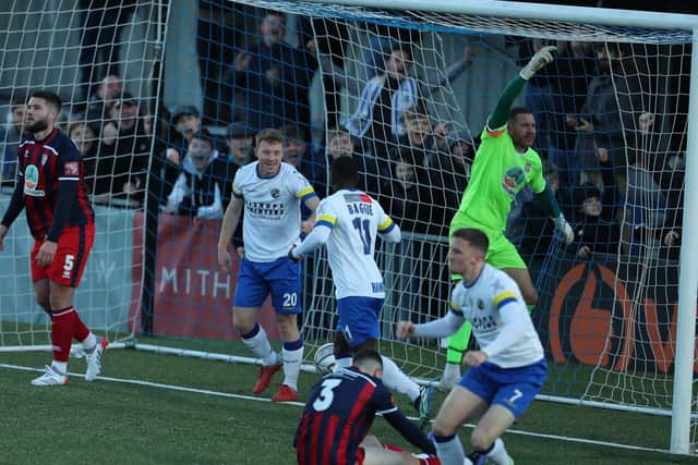 Tommy Wright celebrates after scoring against Bath. Picture by Dave Haines.