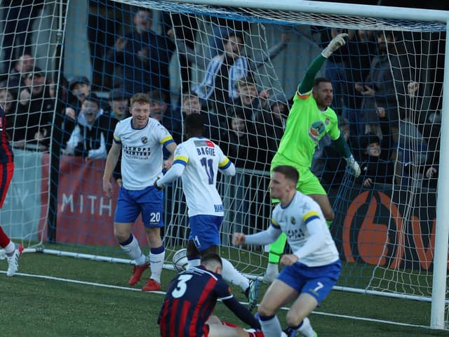 Tommy Wright celebrates after scoring against Bath. Picture by Dave Haines.