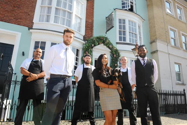 Becketts in Bellevue Terrace, Southsea

Pictured is: (back l-r) Jack Sencherey-Evans, head chef, Ben Taylor-Smith, junior sous chef and Charlie Akehurst, chef de partie, with (front l-r) Kealan Blenkinsop, assistant manager, Soraya Parker, owner, and Terence Carvalho, general manager, outside Becketts in Southsea.

Picture: Sarah Standing (110820-2577)