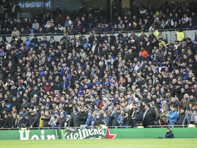 A packed away end at the Tottenham Hotspur Stadium.