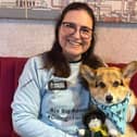 Jacqui and Scrumpy, with a miniature crochet  of George who passed away from prostate cancer earlier this year