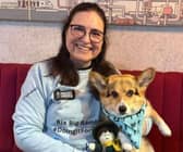 Jacqui and Scrumpy, with a miniature crochet  of George who passed away from prostate cancer earlier this year