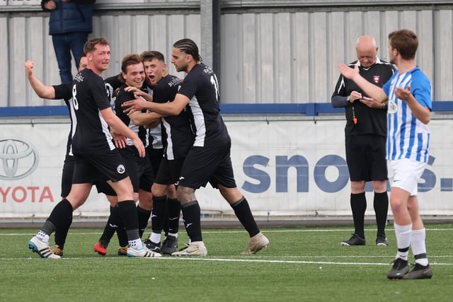 Emsworth celebrate a goal. Picture by Kevin Shipp