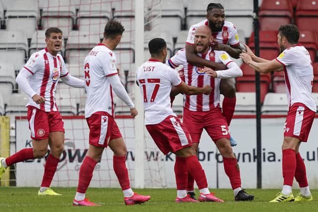 Scott Cuthbert celebrates Stevenage's third goal against Pompey. Picture: Jason Brown