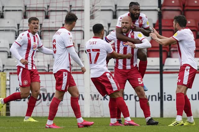 Scott Cuthbert celebrates Stevenage's third goal against Pompey. Picture: Jason Brown