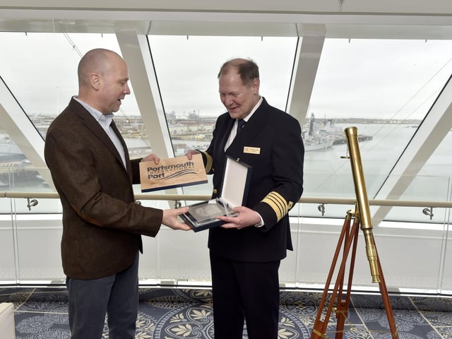 A ceremonial plaque exchange took place to mark Viking Saturn's visit. Pictured is: (l-r) Mike Sellers, port director at Portsmouth International Port and Anders Steen, master.