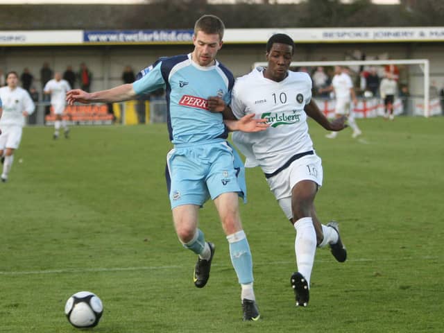 Elliott Charles, right, in action during his loan spell at Hawks in 2009.