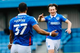 Alfie Stanley celebrates his match-winner for Pompey reserves with Haji Mnoga. Picture: Colin Farmery