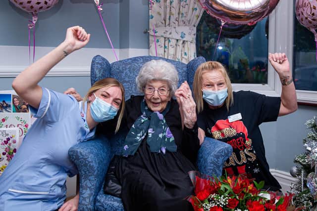 Peggy Florence Dineen with her carers, Kayleigh Smith and Sam Hill.
Picture: Habibur Rahman