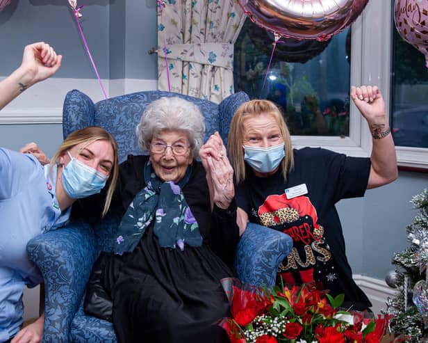 Peggy Florence Dineen with her carers, Kayleigh Smith and Sam Hill.

Picture:  Habibur Rahman