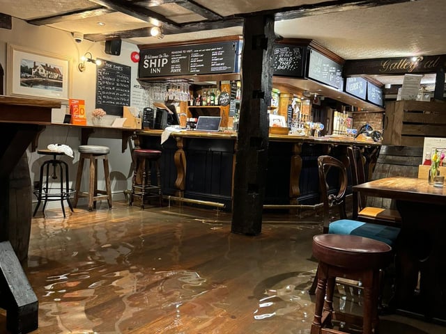 The Ship Inn, a Fuller’s pub in Langstone, was struck by stormy weather which brought seawater to large swathes of the coastline in the early hours of Monday, April 9