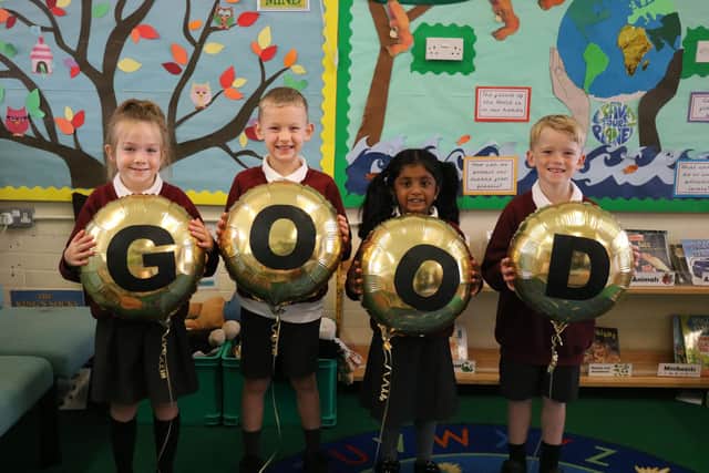 Children celebrate Meon Infant School's Ofsted outcome.