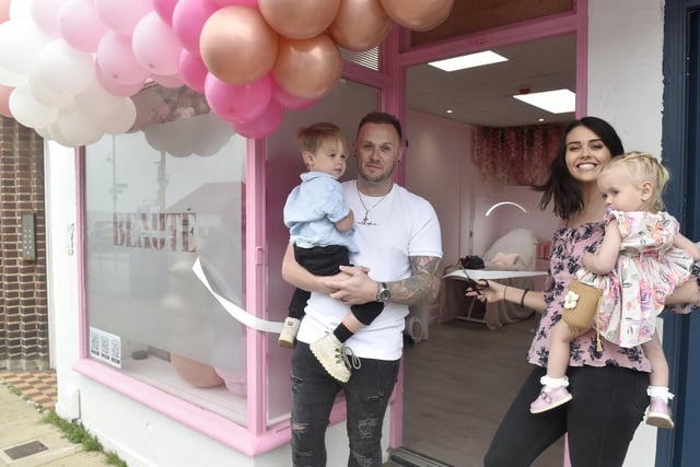 Aimee Wallbridge who turns thirty on April 24, 2025, has opened up her own beauty salon called Club Beauté in Pier Street, Lee-on-the-Solent, and held a opening party on Good Friday April 18, 2025. 

Pictured is: Aimee Wallbridge with her husband Louis and their children Rome (3) and Effie (19 months old).

Picture: Sarah Standing (180425-1985)