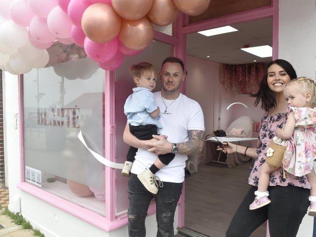Aimee Wallbridge who turns thirty on April 24, 2025, has opened up her own beauty salon called Club Beauté in Pier Street, Lee-on-the-Solent, and held a opening party on Good Friday April 18, 2025.
Pictured is: Aimee Wallbridge with her husband Louis and their children Rome (3) and Effie (19 months old).
Picture: Sarah Standing (180425-1985)