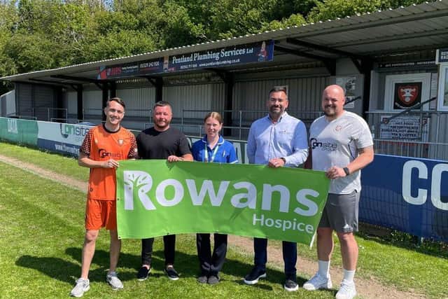 FC Portchester players Ryan Pennery and Steven Mowthorpe, Rowans Hospice Nurse, OnSite Group’s Operations Director Ryan Deacon & Commercial Director Louis Avenell.