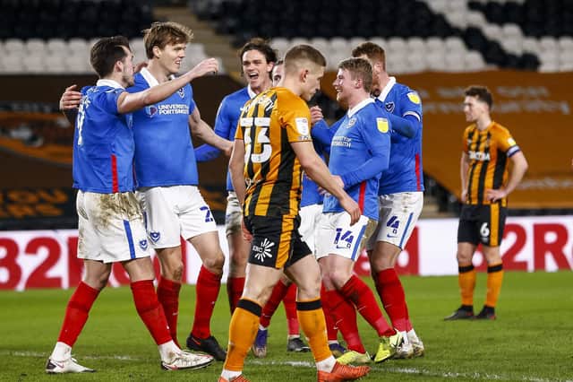 Pompey celebrate their second goal against Hull. Picture: Daniel Chesterton/phcimages.com