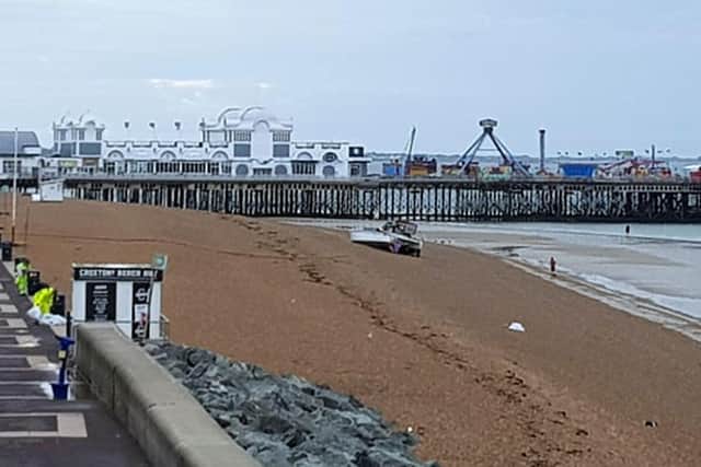 Boat washed up on the beach after the storm resting by South Parade Pier at Southsea.
Sent in by Mickie Bailey