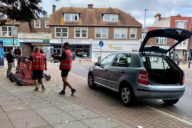 Voi staff members parked on double yellow lines in Festing Road, Southsea, Portsmouth, on July 31, 2021