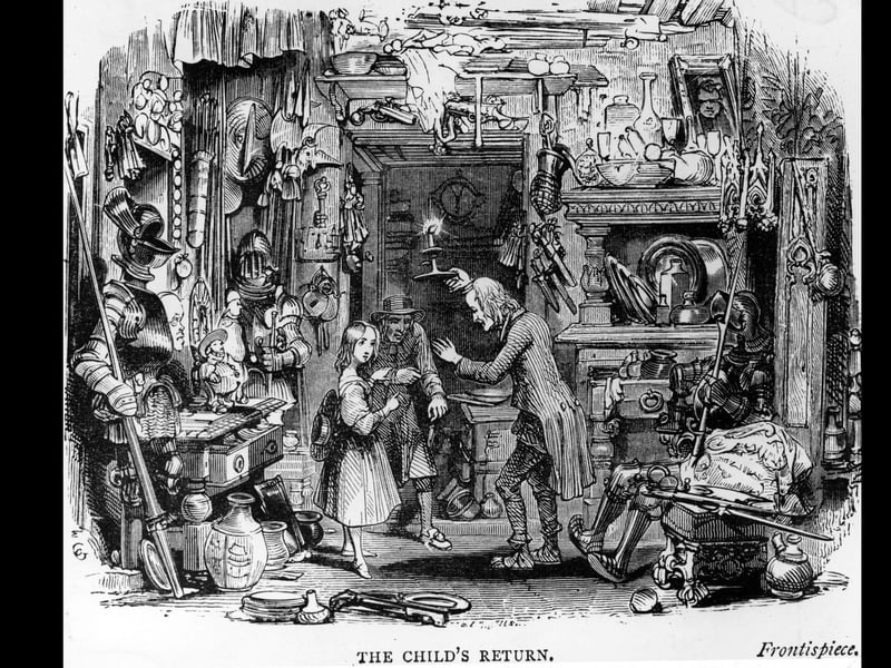 circa 1841: Frontispiece from The Old Curiosity Shop by Charles Dickens. Amdist a shop full of bric-a-brac a young girl is welcomed by an old man carrying a candle. Illustration by George Cuttermole (Photo by Hulton Archive/Getty Images)