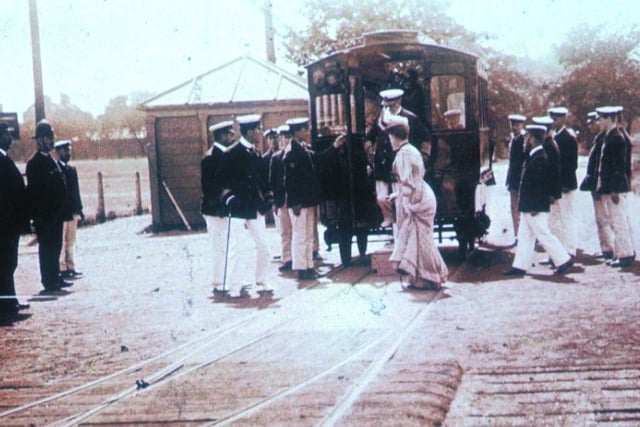 King George V and Queen Mary alighting from the Hospital Tram Railway during a visit to the hospital. The Queen also visited the hospital to meet wounded soldiers during the first world war.