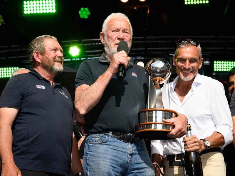 Sir Robin Knox Johnson addresses the crowds with the Round the World Clipper Race trophyPicture: Keith Woodland (270721-225)