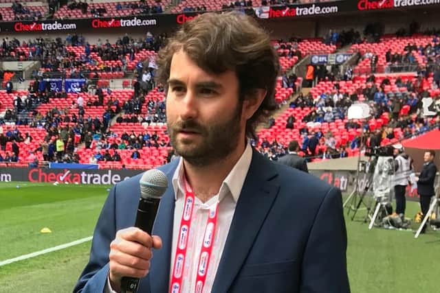 Pompey stadium announcer David Trumper pitchside at Wembley during last season's Checkatrade Trophy final.