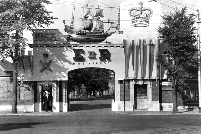 HMS Vernon entrance 1953This is how HMS Vernon in Portsmouth celebrated Coronation Year, 1953. The News PP4256