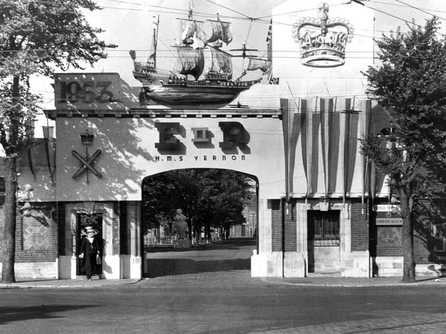 HMS Vernon entrance 1953This is how HMS Vernon in Portsmouth celebrated Coronation Year, 1953. The News PP4256