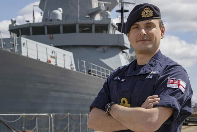 Portrait of Lt Cdr Will Durbin of HMS Duncan

Awarded the Queen’s Commendation for Valuable Service in the Operational Honours, Lt Cdr Will Durbin poses today 12/05/22 on the North Jetty at HMNB Ports in front of HMS Duncan for his official portrait.

Lt Cdr Durbin is to receive the award for his efforts in planning the aerial evacuation of civilians from Afghanistan during Op Pitting during the summer of 2021. Around 15,000 people were evacuated on around 100 flights over a 14-day period.