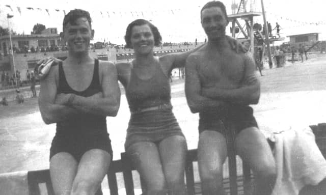 Hilsea Lido in its hey day - three friends enjoying the outdoor pool.