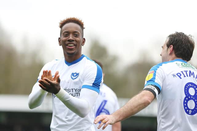 Jamal Lowe and Brett Pitman (two) netted in Pompey's 3-2 win at Wycombe in April 2019. Picture: Joe Pepler