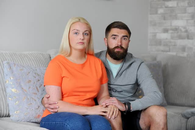 Newlyweds Cameron Smith (27) and Shanice Budd-Smith (29) from Copnor, were denied check in with Easy Jet at Gatwick Airport for their honeymoon to Portugal on Sunday, May 22, because Shanice's passport had just under three months left on her passport before it expired.

Picture: Sarah Standing (240522-6016)