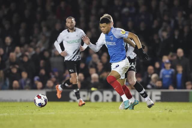 Pompey's Dane Scarlett drives forward against Derby. Picture: Jason Brown/ProSportsImages
