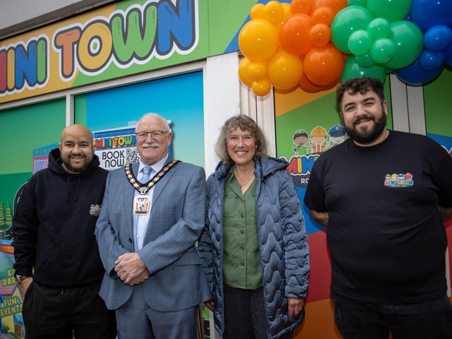 Mini Town Role Play & Cafe owners Liam Muns & Liam Howes, with Councillor Peter Wade, Mayor of Havant, and Councillor Gillian Harris Photos by Alex Shute