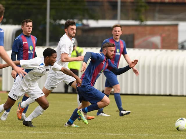 Josh Hazell (maroon/blue) has left US Portsmouth to join Moneyfields. Picture: Keith Woodland
