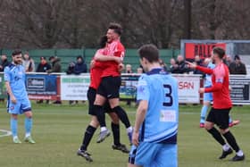 Josh Benfield has just scored Fareham's first leveller. Picture by Ken Walker