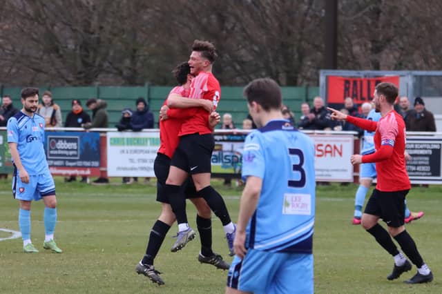 Josh Benfield has just scored Fareham's first leveller. Picture by Ken Walker