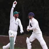 Sarisbury wicket-keeper Simon Orr celebrates the dismissal of Hambledon  captain Spencer Leclercq. Picture: Sam Stephenson
