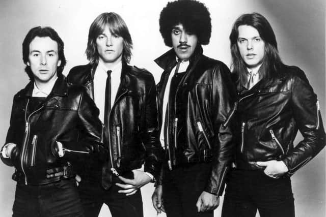 Thin Lizzy, c.1980-82 from left: Brian Downey, Snowy White, Phil Lynott, Scott Gorham