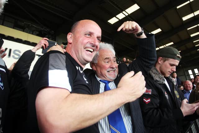 Manager Paul Cook and chairman Iain McInnes celebrate at Notts County following Pompey's League Two promotion three years ago. Picture: Joe Pepler