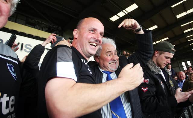 Manager Paul Cook and chairman Iain McInnes celebrate at Notts County following Pompey's League Two promotion three years ago. Picture: Joe Pepler