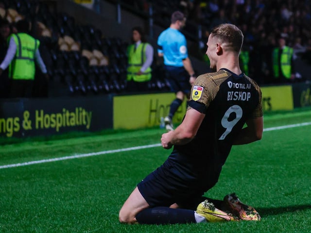Colby Bishop scored his sixth goal of the season and matched it with the cleanest of kneeslides in front of a section of Pompey fans.