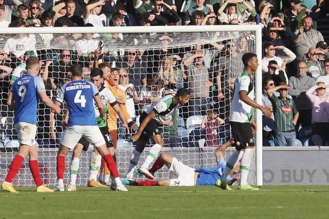 Plymouth's Brendan Galloway was shown a second yellow card on Saturday after pushing Michael Morrison to the ground in stoppage time. Picture: Barry Zee
