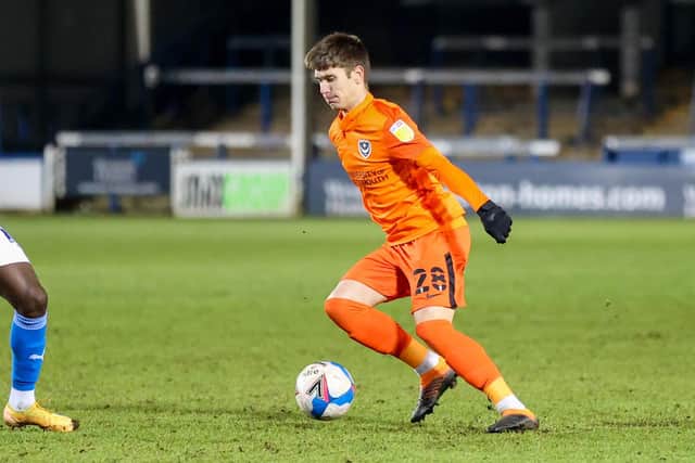 Alfie Bridgman, who made his Pompey debut last season, is expected to be among 'six or seven' Academy youngsters in Danny Cowley's squad at AFC Wimbledon in the Papa John's Trophy. Picture: Nigel Keene/ProSportsImages