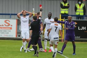 Moment of madness - Josh Taylor is sent off by referee Tom Bishop. Photo by Dave Haines