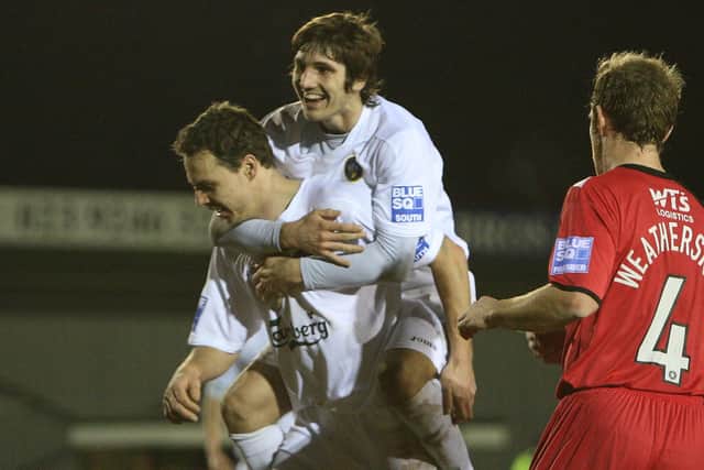 Steven Walker celebrates with Luke Nightingale after the former's penalty against Crawley in 2008. Pic: Dave Haines